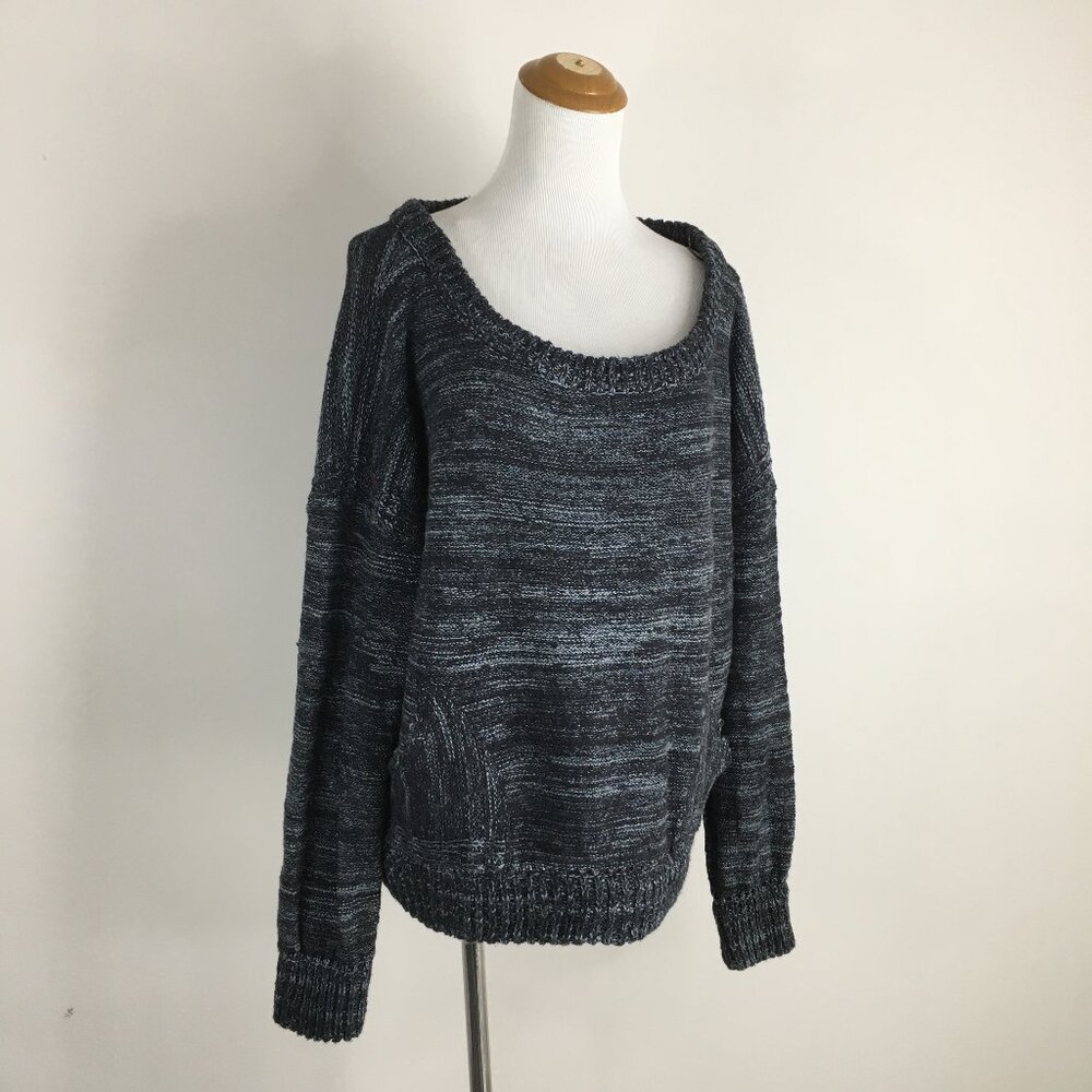 FREE PEOPLE Long Sleeve Black Mint Blue Wool Alpaca Blend Knit Pockets Sweater